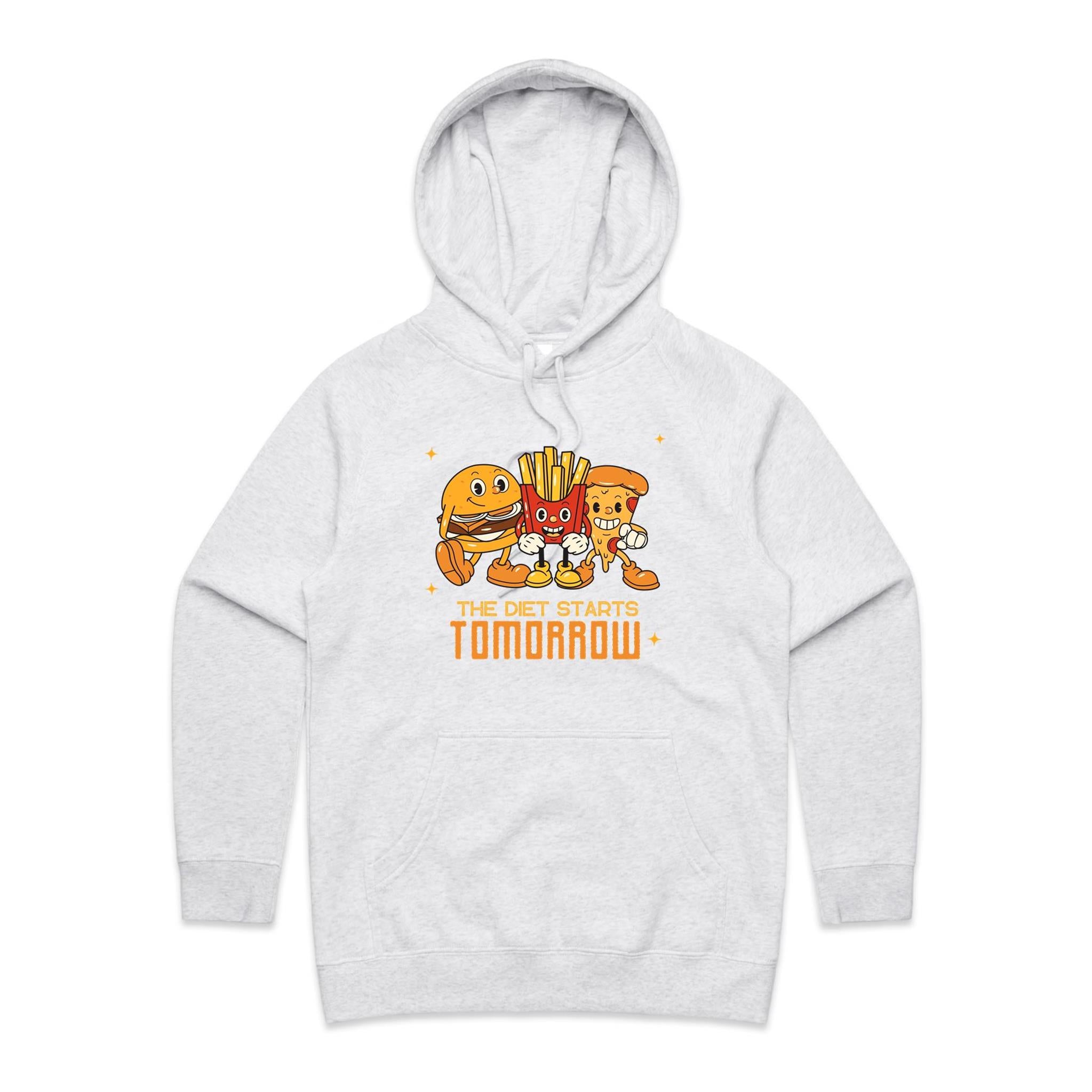 The Diet Starts Tomorrow, Hamburger, Fries, Pizza - Womens Hoodie White Marle Womens Hoodie Food Printed In Australia