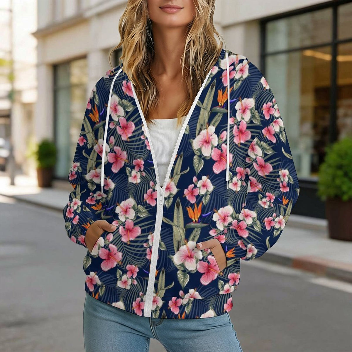 Dark Hawaiian Floral Women's Full-Zip Hoodie