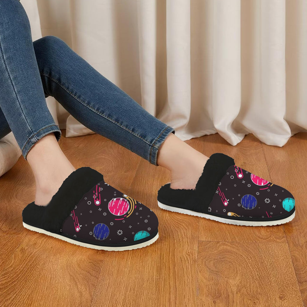 Planet Orbit Women's Fur Trim Thick-Sole Indoor Slippers Women's Fur Trimmed Slippers Printed Offshore Space