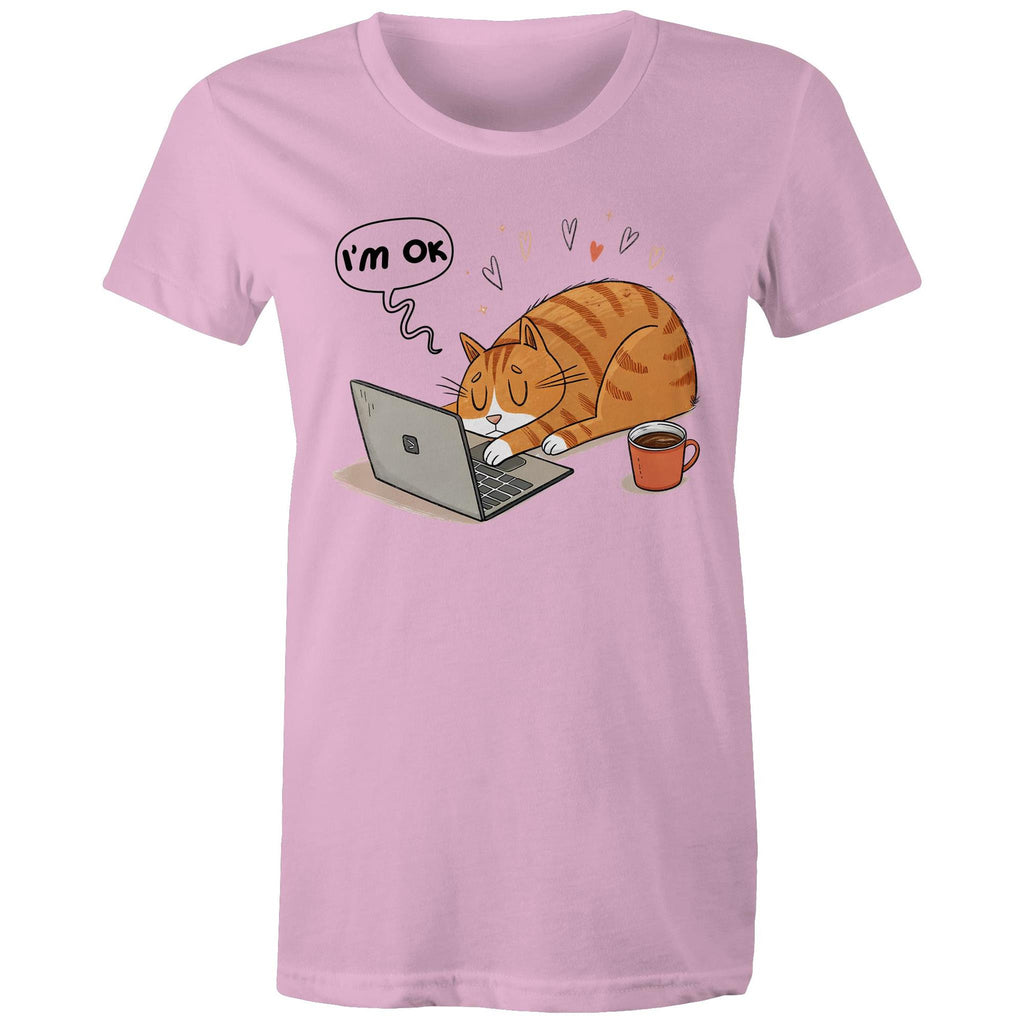 Cat Laptop, I'm OK - Womens T-shirt Pink Womens T-shirt animal Printed In Australia