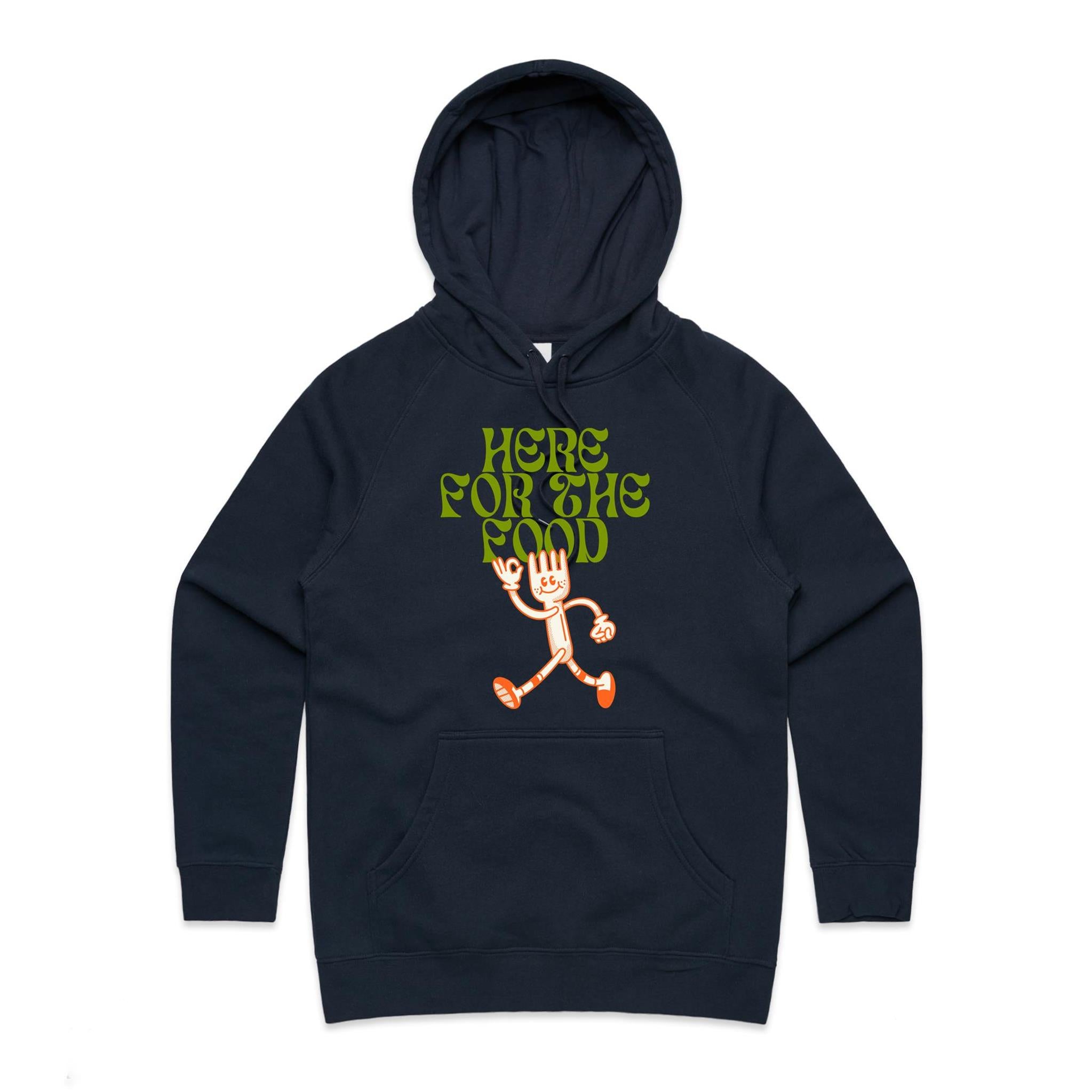 Here For The Food - Womens Hoodie Navy Womens Hoodie Food Printed In Australia