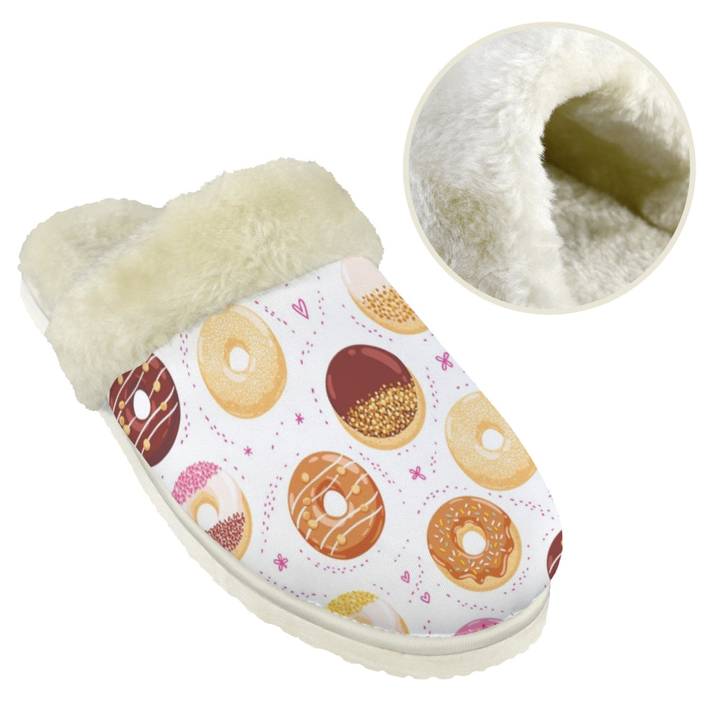 Doughnut Love Women's Fur Trim Thick-Sole Indoor Slippers Women's Fur Trimmed Slippers Food Printed Offshore