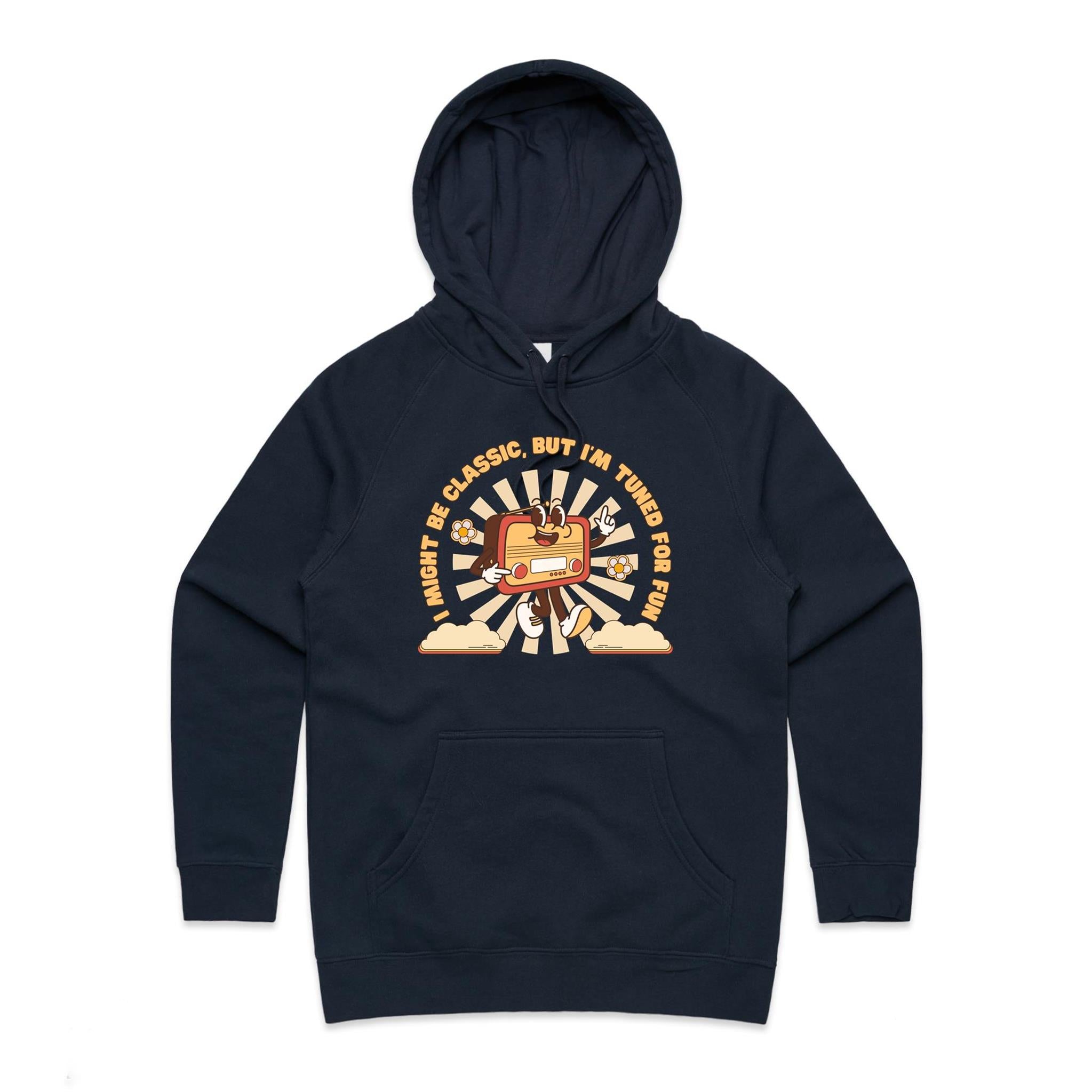 I Might Be Classic But I'm Tuned For Fun - Womens Hoodie Navy Womens Hoodie Music Printed In Australia Retro
