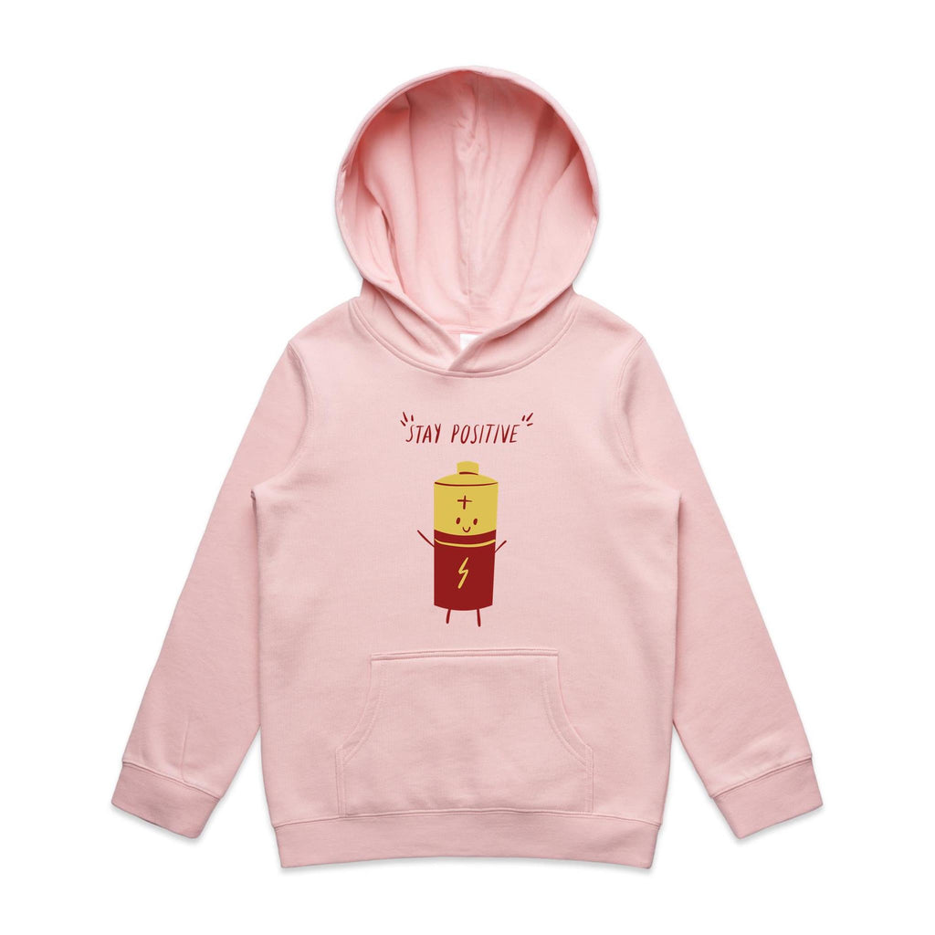 Stay Positive, Battery - Kids Hoodie Pink Kids Hoodie Printed In Australia