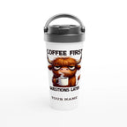 Personalise - Coffee First, Questions Later, Highland Cow - White 15oz Stainless Steel Travel Mug Default Title Personalised Travel Mug animal Coffee Globally Fulfilled
