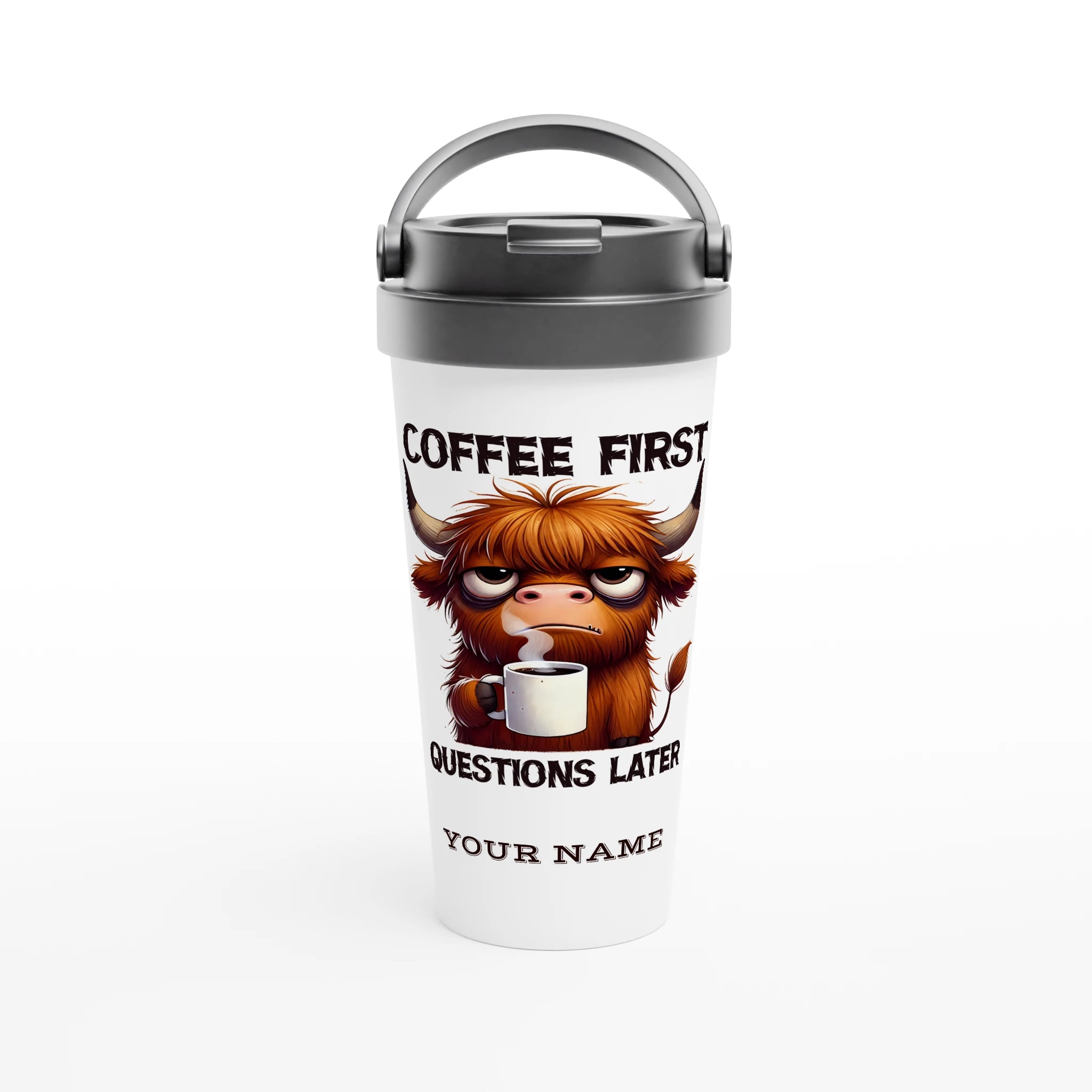 Personalise - Coffee First, Questions Later, Highland Cow - White 15oz Stainless Steel Travel Mug Default Title Personalised Travel Mug animal Coffee Globally Fulfilled