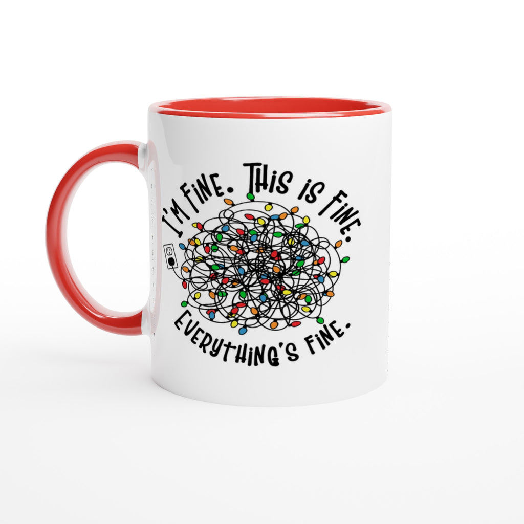 Tangled Christmas Lights, I'm Fine, This Is Fine, Everything's Fine - White 11oz Ceramic Mug with Colour Inside Ceramic Red Christmas Colour Mug Christmas Globally Fulfilled