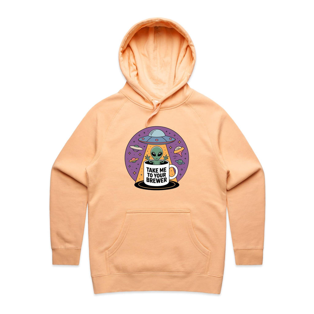 Coffee, Alien, UFO, Take Me To Your Brewer Women's AS Colour Hoodie Peach Womens Hoodie Coffee Printed In Australia Sci Fi
