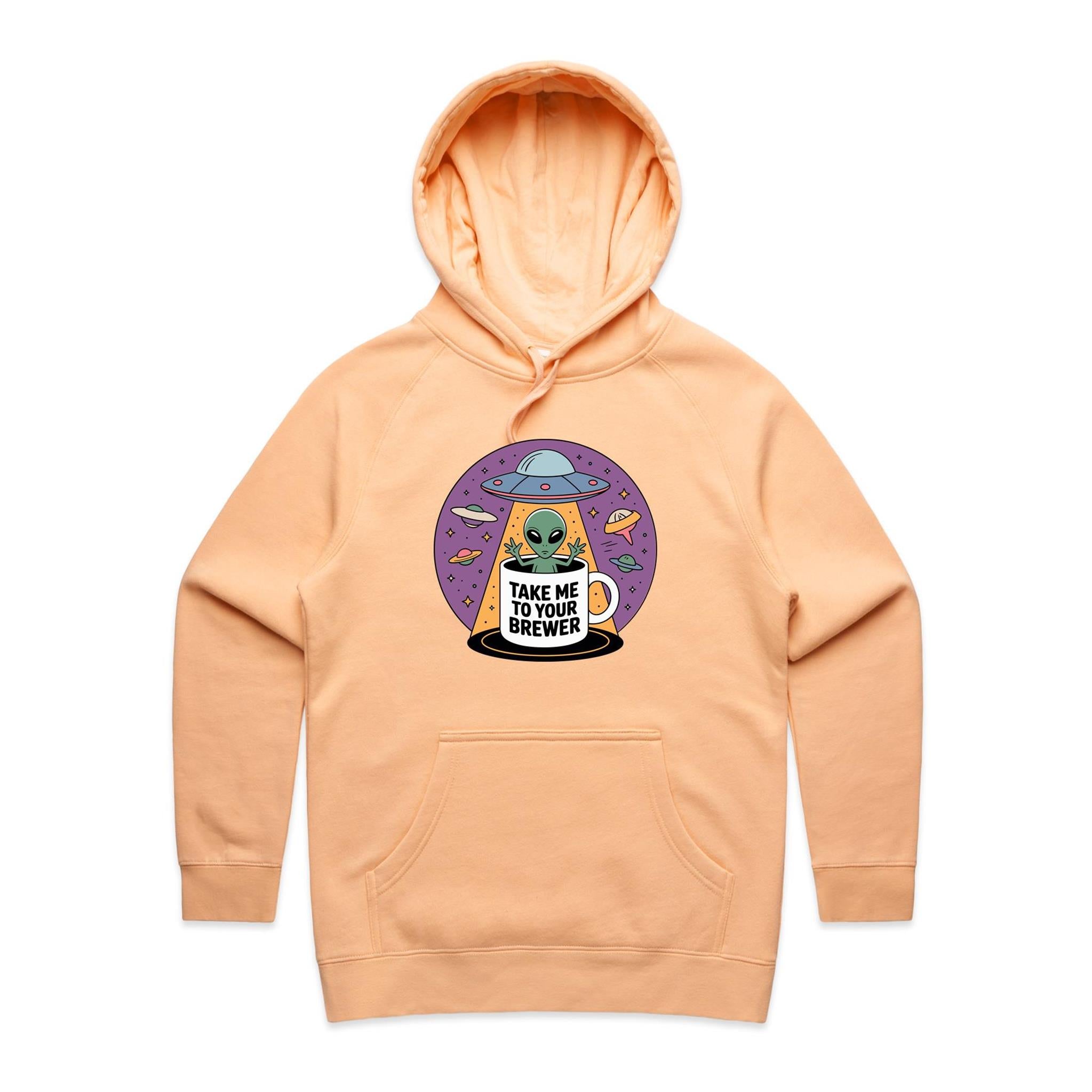 Coffee, Alien, UFO, Take Me To Your Brewer Women's AS Colour Hoodie Peach Womens Hoodie Coffee Printed In Australia Sci Fi
