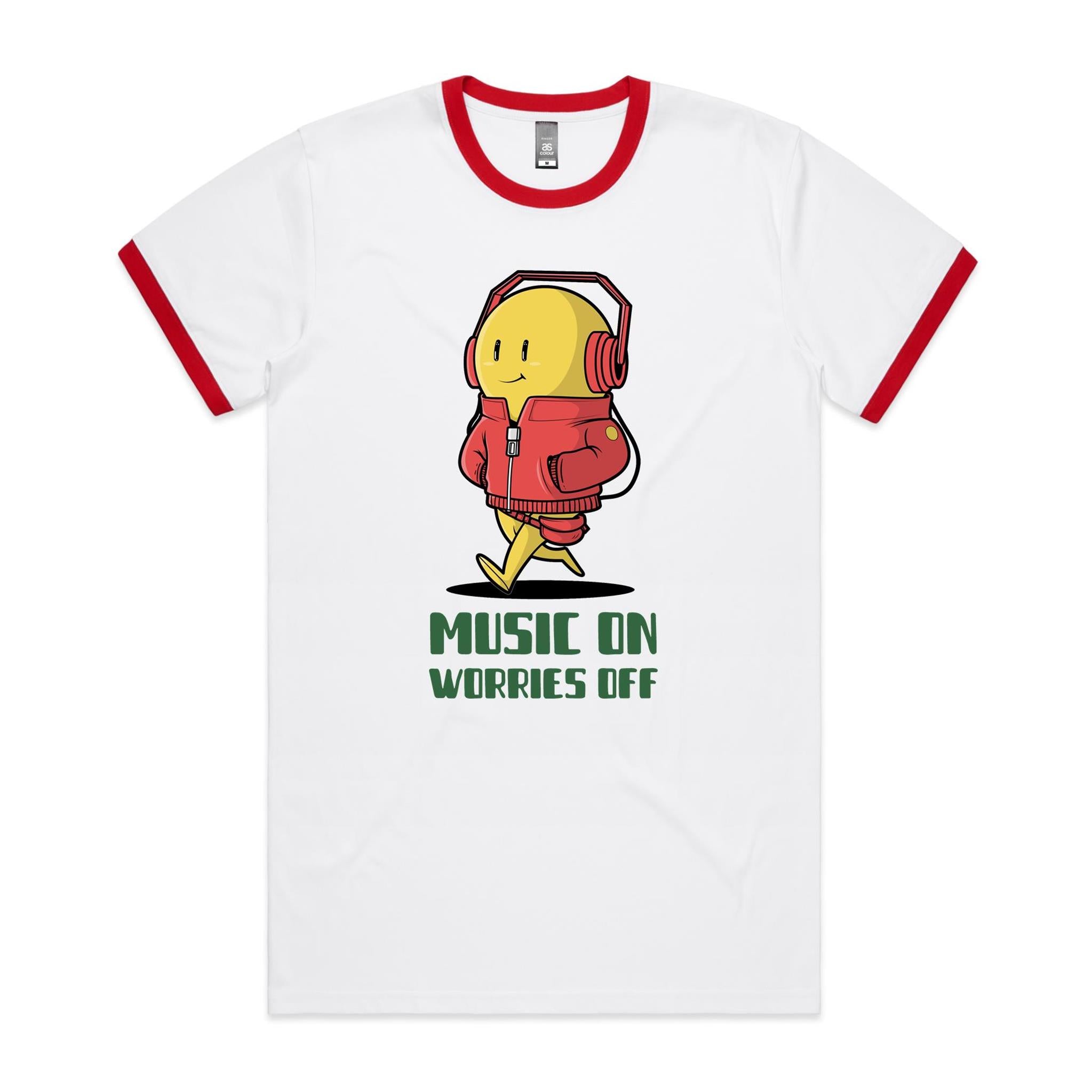Music On, Worries Off - Staple Ringer Tee White Red Ringer T-Shirt Music Printed In Australia