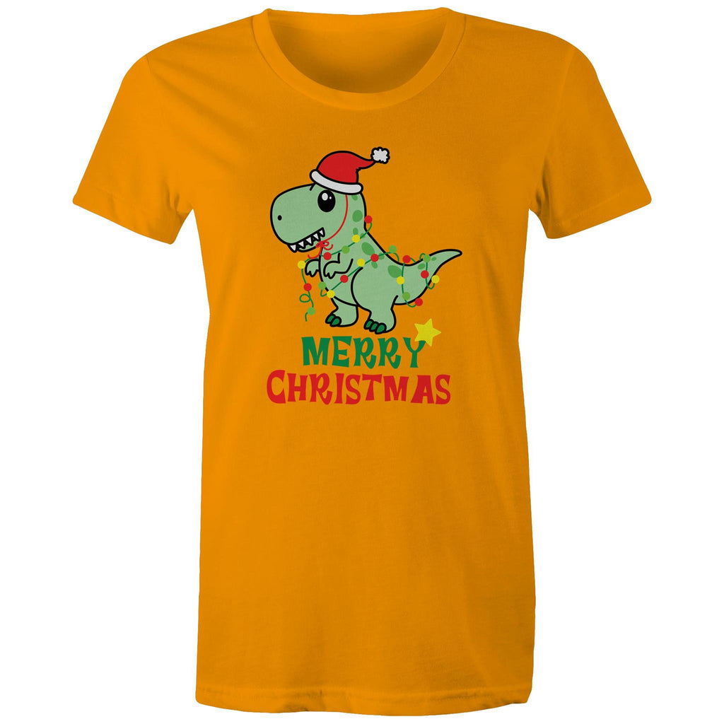 Dinosaur Santa, Merry Christmas - Womens T-shirt Orange Womens Christmas T-shirt Christmas Printed In Australia