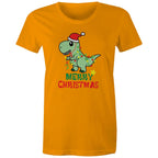 Dinosaur Santa, Merry Christmas - Womens T-shirt Orange Womens Christmas T-shirt Christmas Printed In Australia