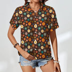 Abstract Floral On Brown Women's Collared Pocketless Short Sleeve Shirt