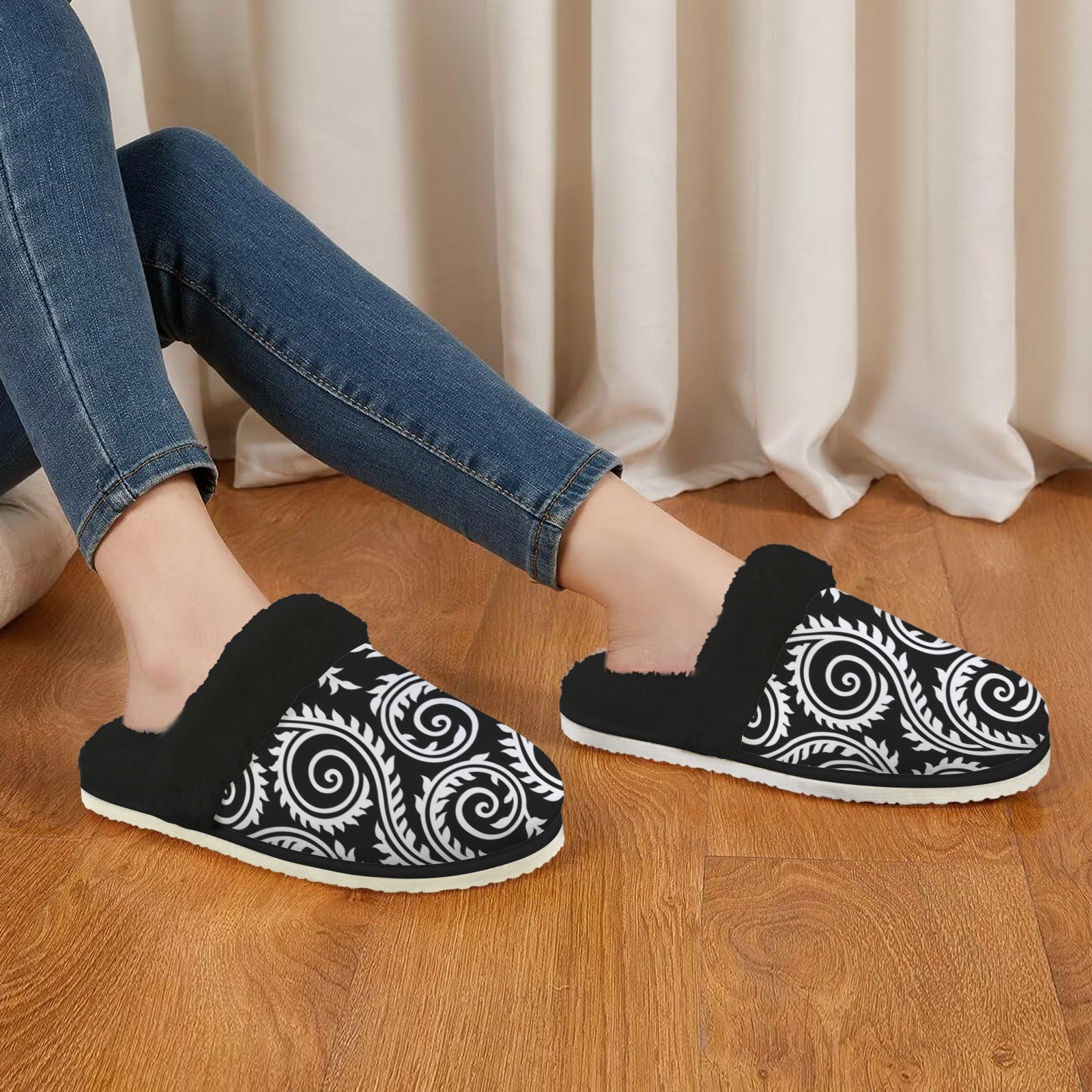 Black And White Swirl Women's Fur Trim Thick-Sole Indoor Slippers Women's Fur Trimmed Slippers Printed Offshore