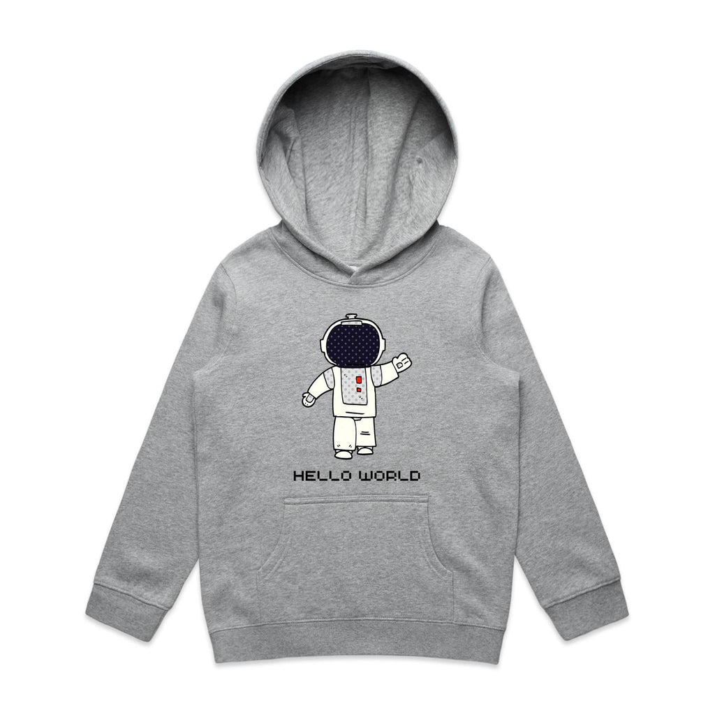 Astronaut, Hello World - Kids Hoodie Grey Marle Kids Hoodie Printed In Australia