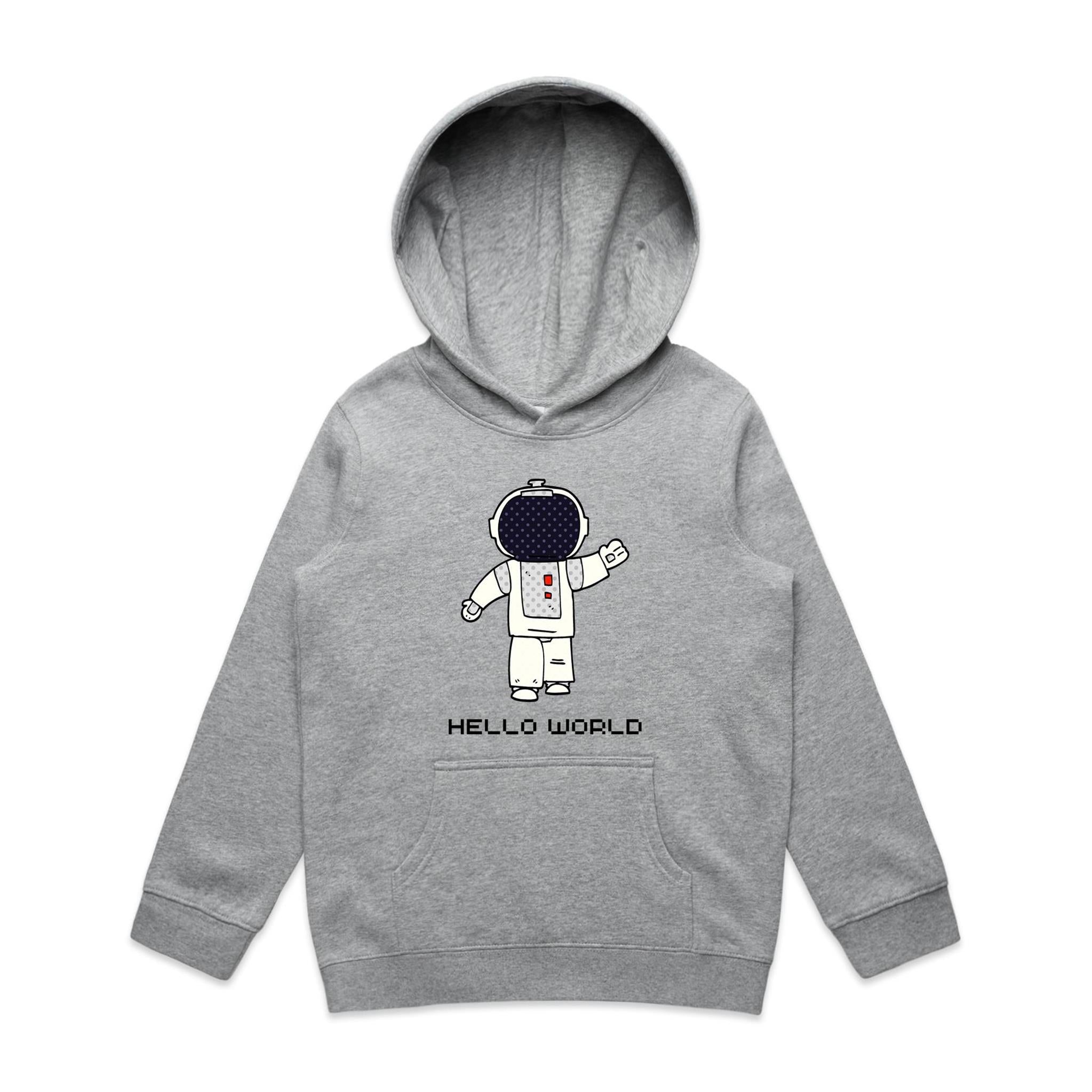 Astronaut, Hello World - Kids Hoodie Grey Marle Kids Hoodie Printed In Australia