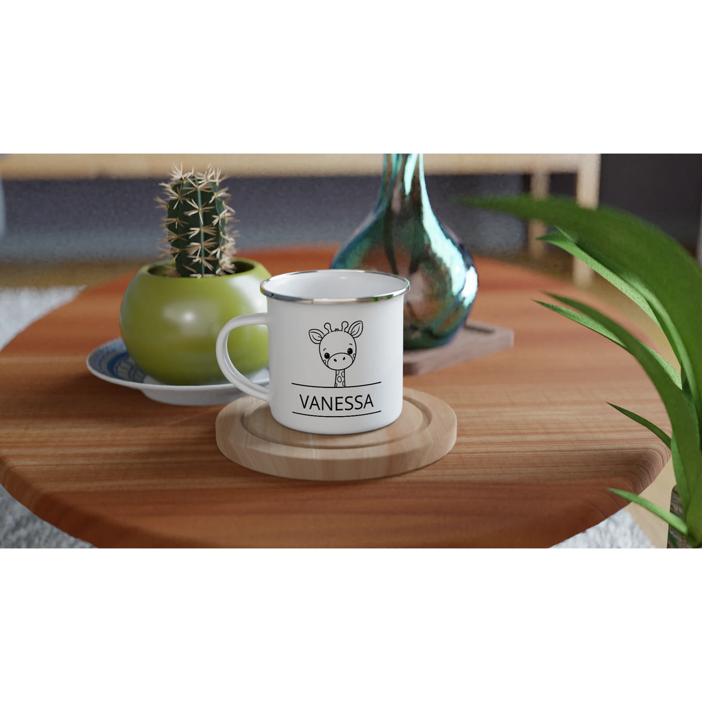Giraffe Name - White 12oz Enamel Mug Personalised Enamel Mug animal customise Globally Fulfilled Name personalise