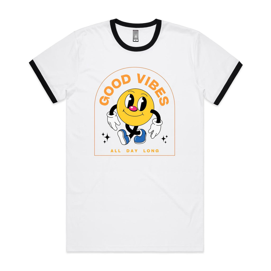 Good Vibes All Day Long - Staple Ringer Tee White Black Ringer T-Shirt Positivity Printed In Australia