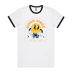 Good Vibes All Day Long - Staple Ringer Tee White Black Ringer T-Shirt Positivity Printed In Australia