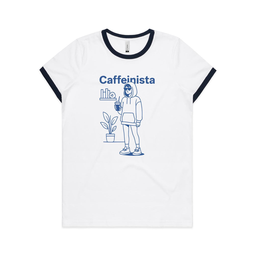 Caffeinista, Caffeine Women's AS Colour Ringer Tee White Navy Womens Ringer T-shirt Coffee Printed In Australia