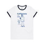 Caffeinista, Caffeine Women's AS Colour Ringer Tee White Navy Womens Ringer T-shirt Coffee Printed In Australia