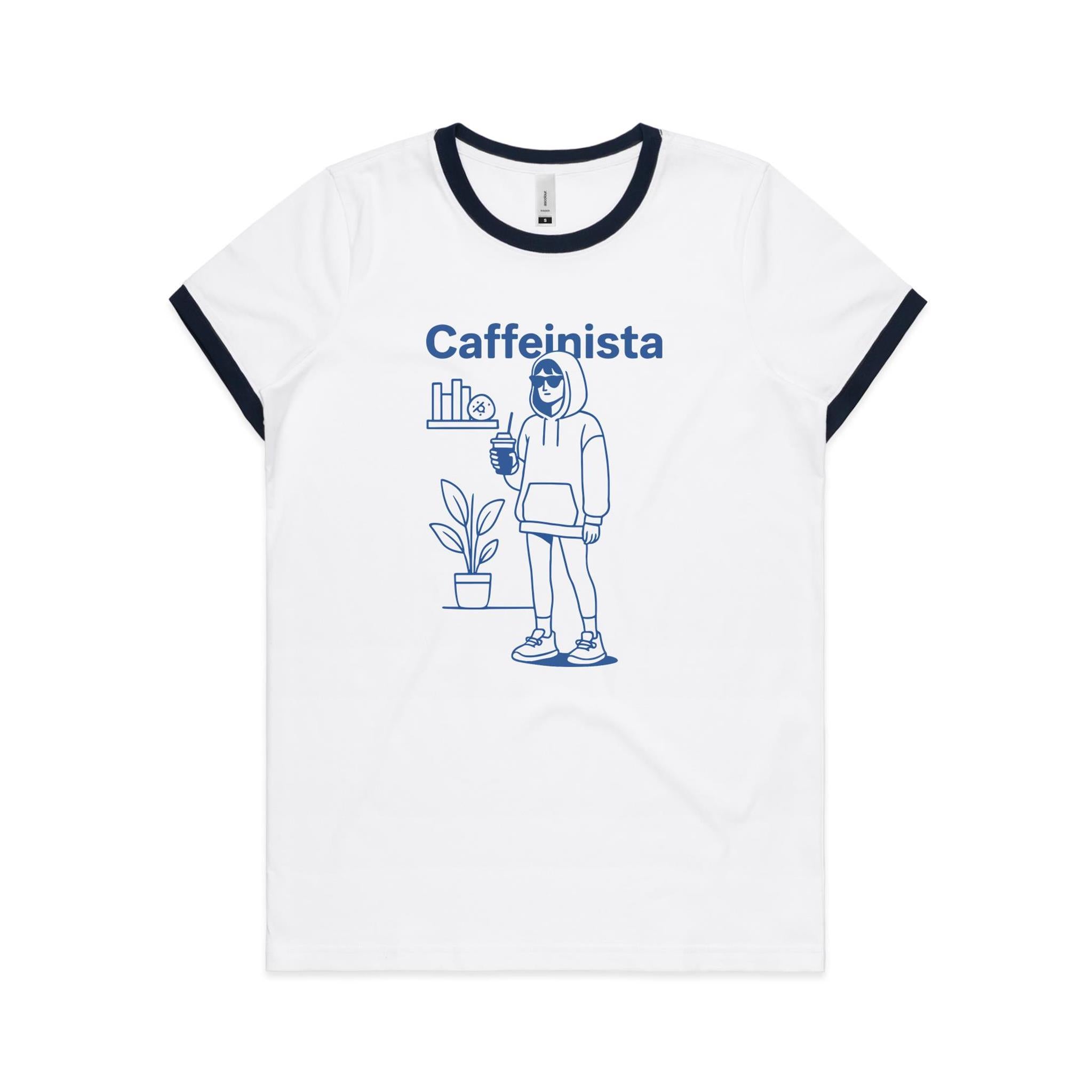 Caffeinista, Caffeine Women's AS Colour Ringer Tee White Navy Womens Ringer T-shirt Coffee Printed In Australia