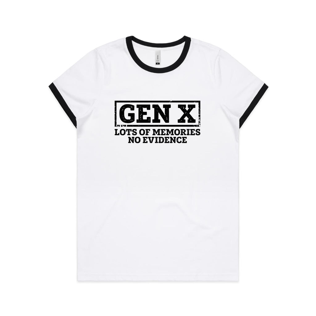 Gen X, Lots Of Memories, No Evidence Women's AS Colour Ringer Tee White Black Womens Ringer T-shirt Printed In Australia