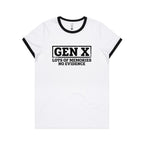 Gen X, Lots Of Memories, No Evidence Women's AS Colour Ringer Tee White Black Womens Ringer T-shirt Printed In Australia