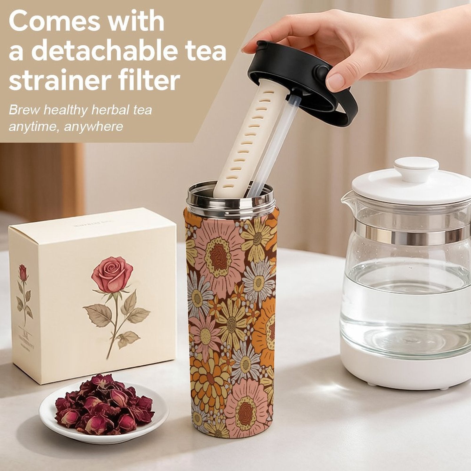 Retro Orange Flowers 20oz Tea Tumbler with Carry Handle