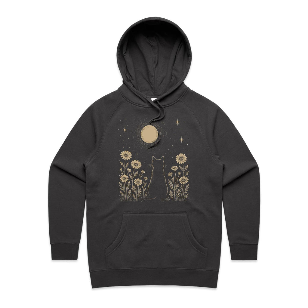 Whimsical Cat And Moon Women's AS Colour Hoodie Coal Womens Hoodie animal Printed In Australia