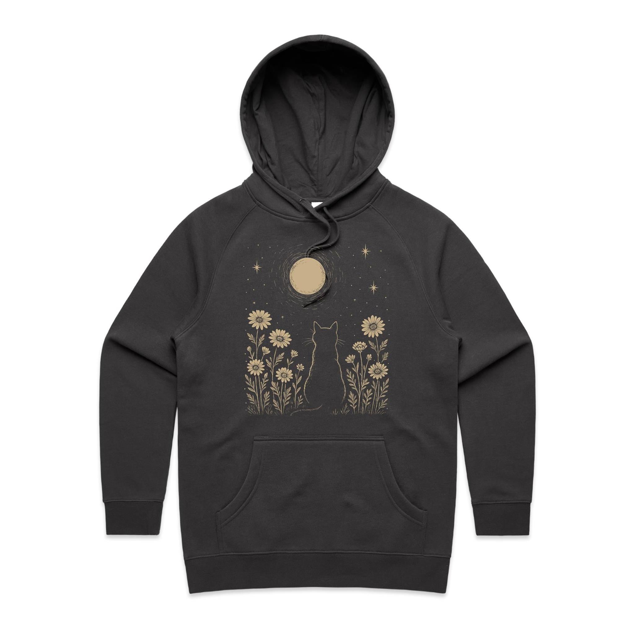 Whimsical Cat And Moon Women's AS Colour Hoodie Coal Womens Hoodie animal Printed In Australia