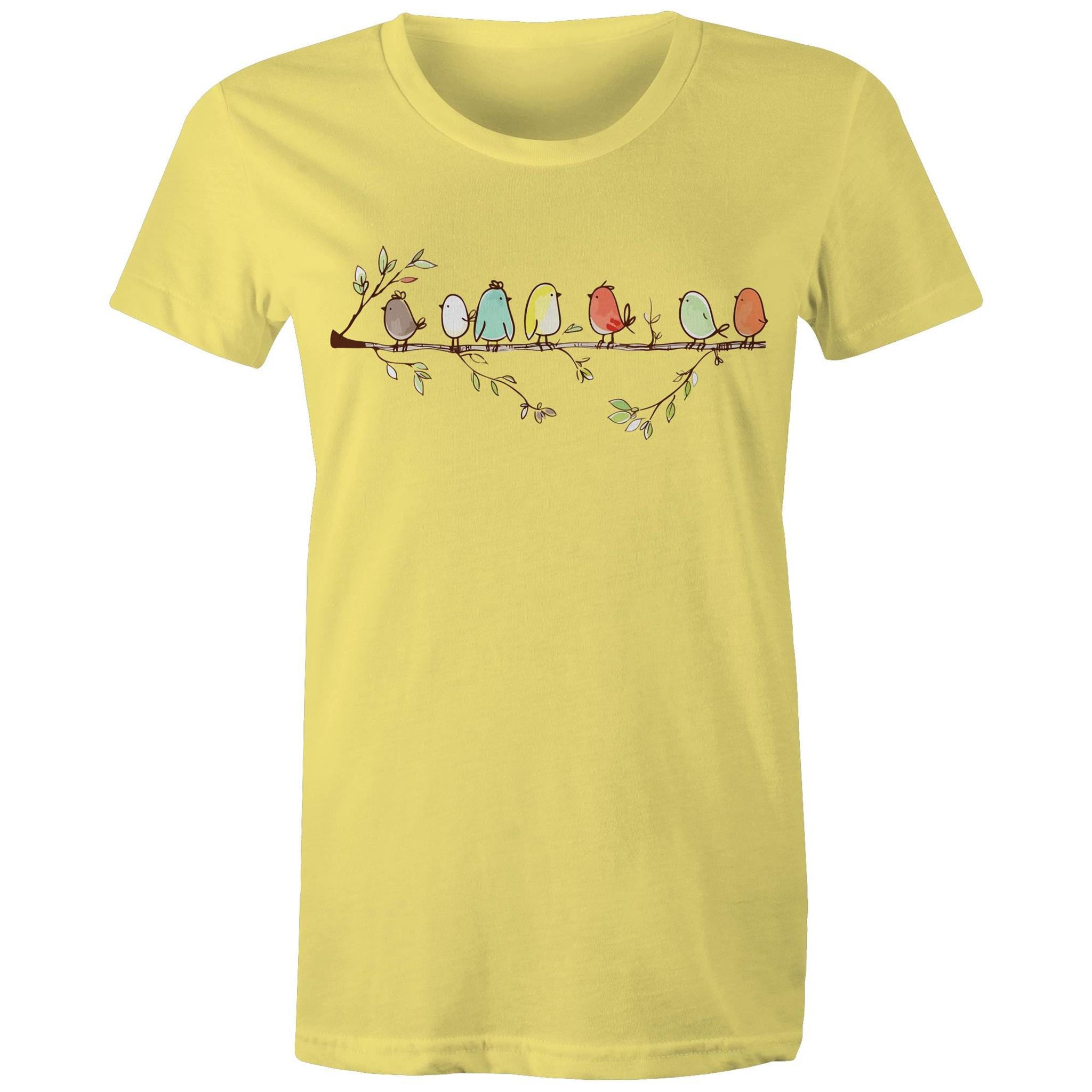Birds On A Branch - Womens T-shirt Yellow Womens T-shirt animal Printed In Australia