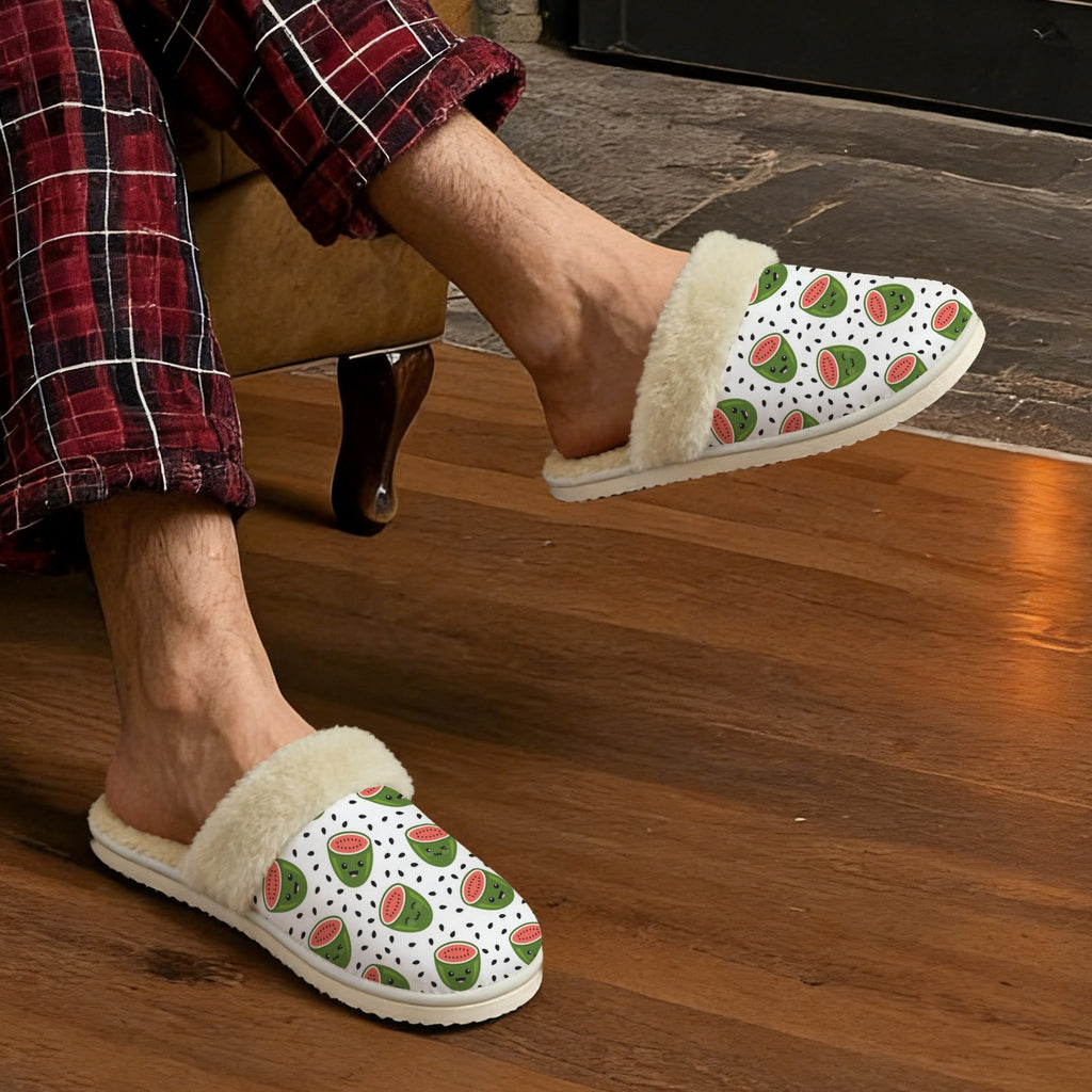 Happy Watermelons Men's Fur Trim Thick-Sole Indoor Slippers Men's Fur Trimmed Slippers Food Printed Offshore