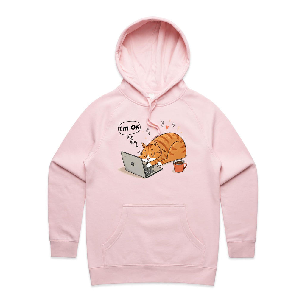 Cat Laptop, I'm OK - Womens Hoodie Pink Womens Hoodie animal Printed In Australia Tech