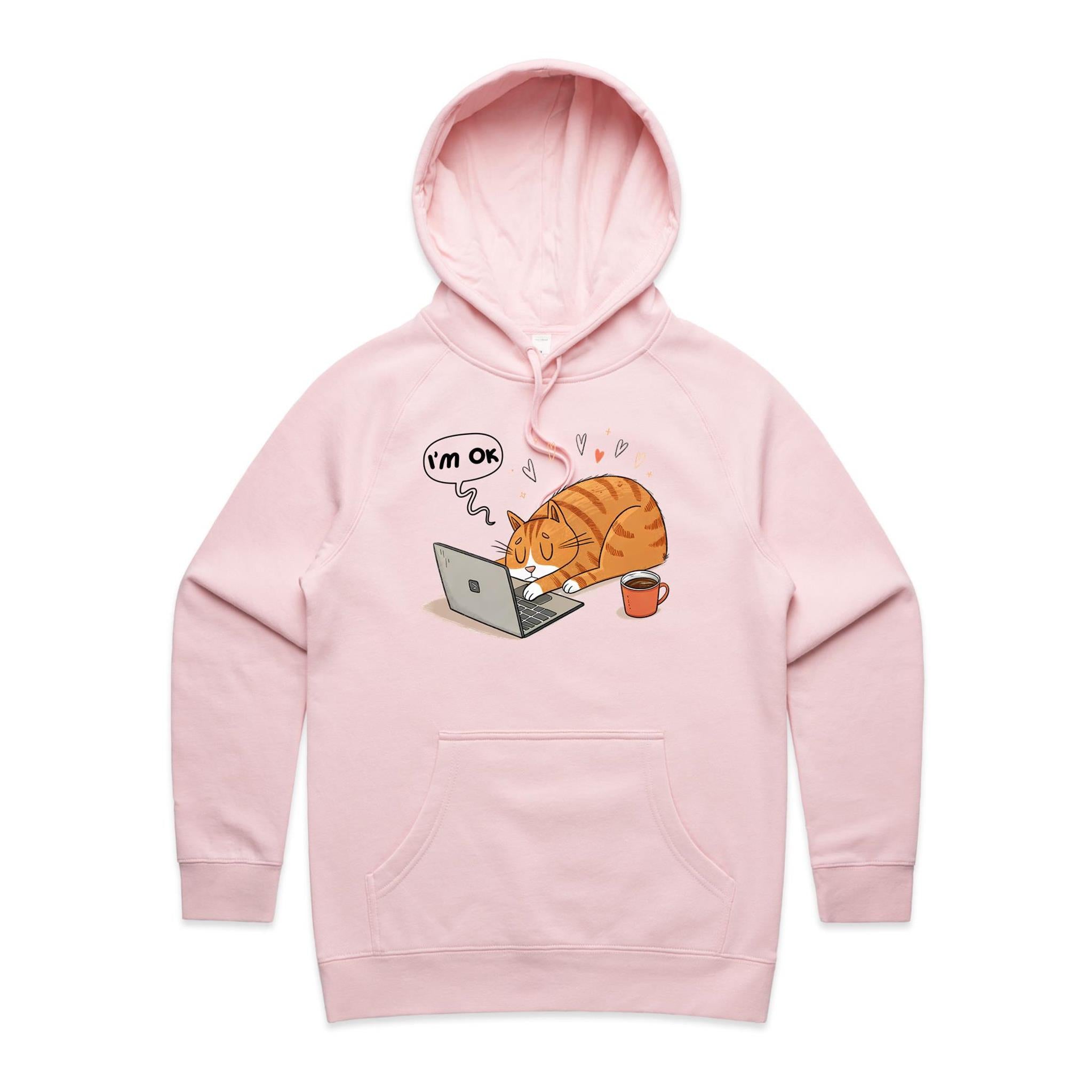 Cat Laptop, I'm OK - Womens Hoodie Pink Womens Hoodie animal Printed In Australia Tech