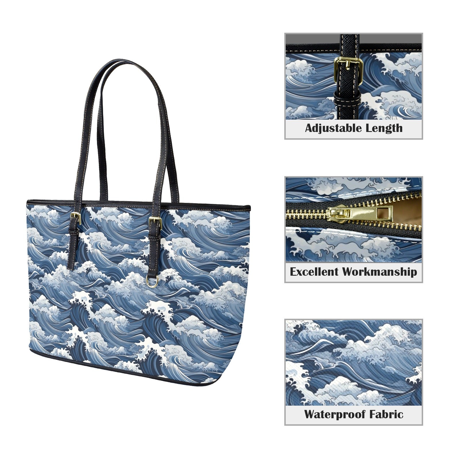 Japanese Waves PU Leather Tote Bag Large Leather Tote Bag-Large Ocean Printed Offshore
