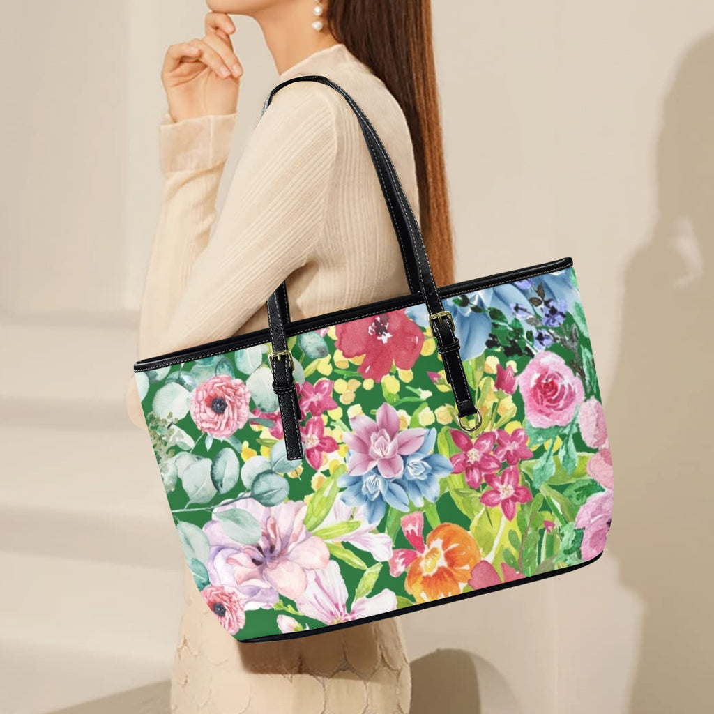 Bright Floral - Leather Tote Bag-Large