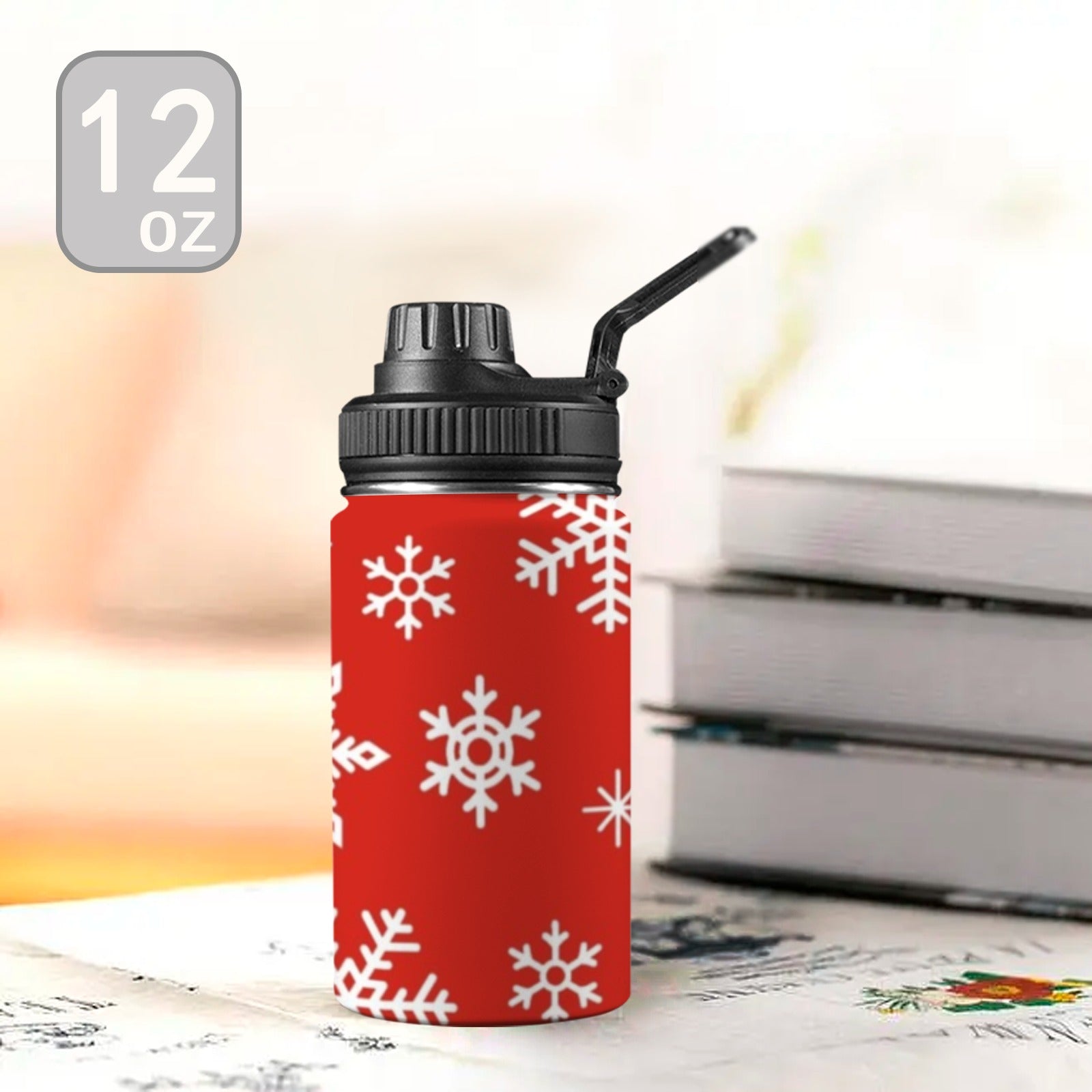Red Snowflakes, Christmas - Kids Water Bottle with Chug Lid (12 oz) Kids Water Bottle with Chug Lid Christmas Printed Offshore