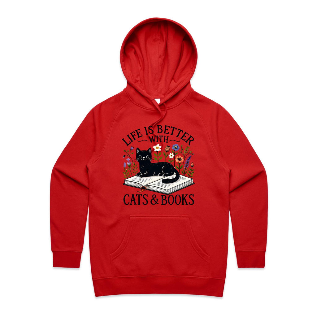 Life Is Better With Cats And Books - Womens Hoodie Red Womens 2XL Womens Hoodie animal Printed In Australia Reading