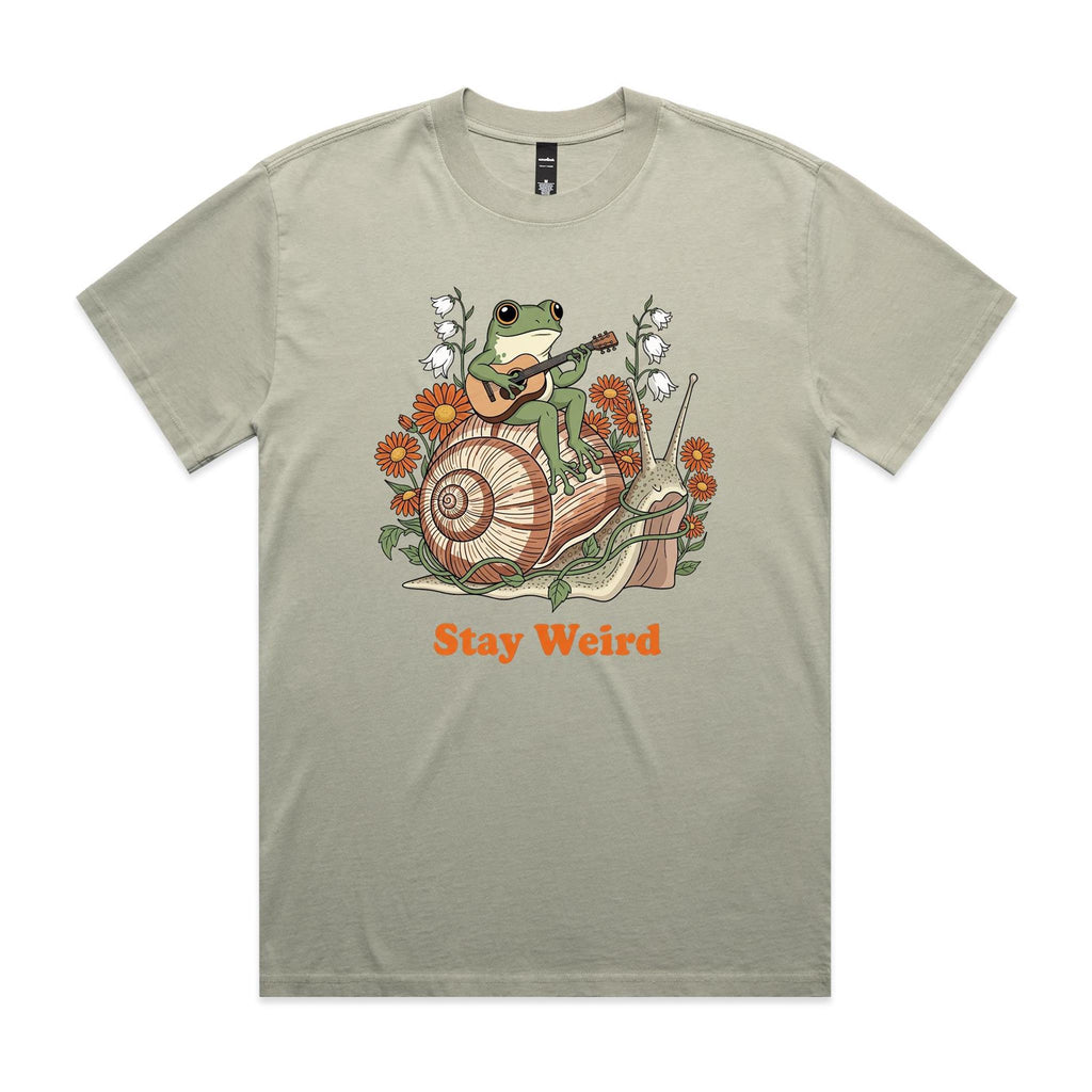 Stay Weird, Guitar Playing Frog On A Snail AS Colour Heavy Faded Tee Unisex Faded eucalyptus Heavy Faded T-shirt animal Music Printed In Australia