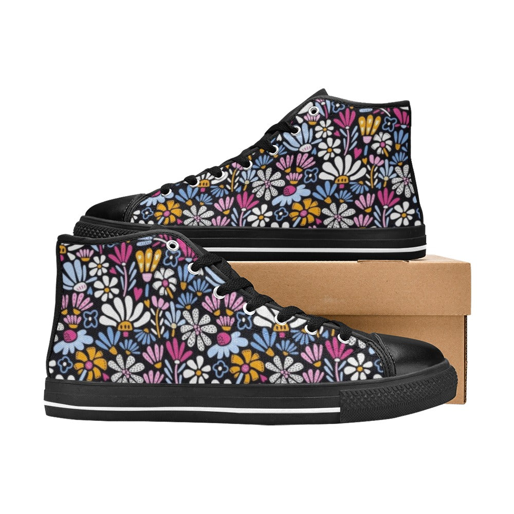 Graphic Flowers On Black Women's High Top Canvas Shoes Womens Classic High Top Shoes Plants Printed Offshore