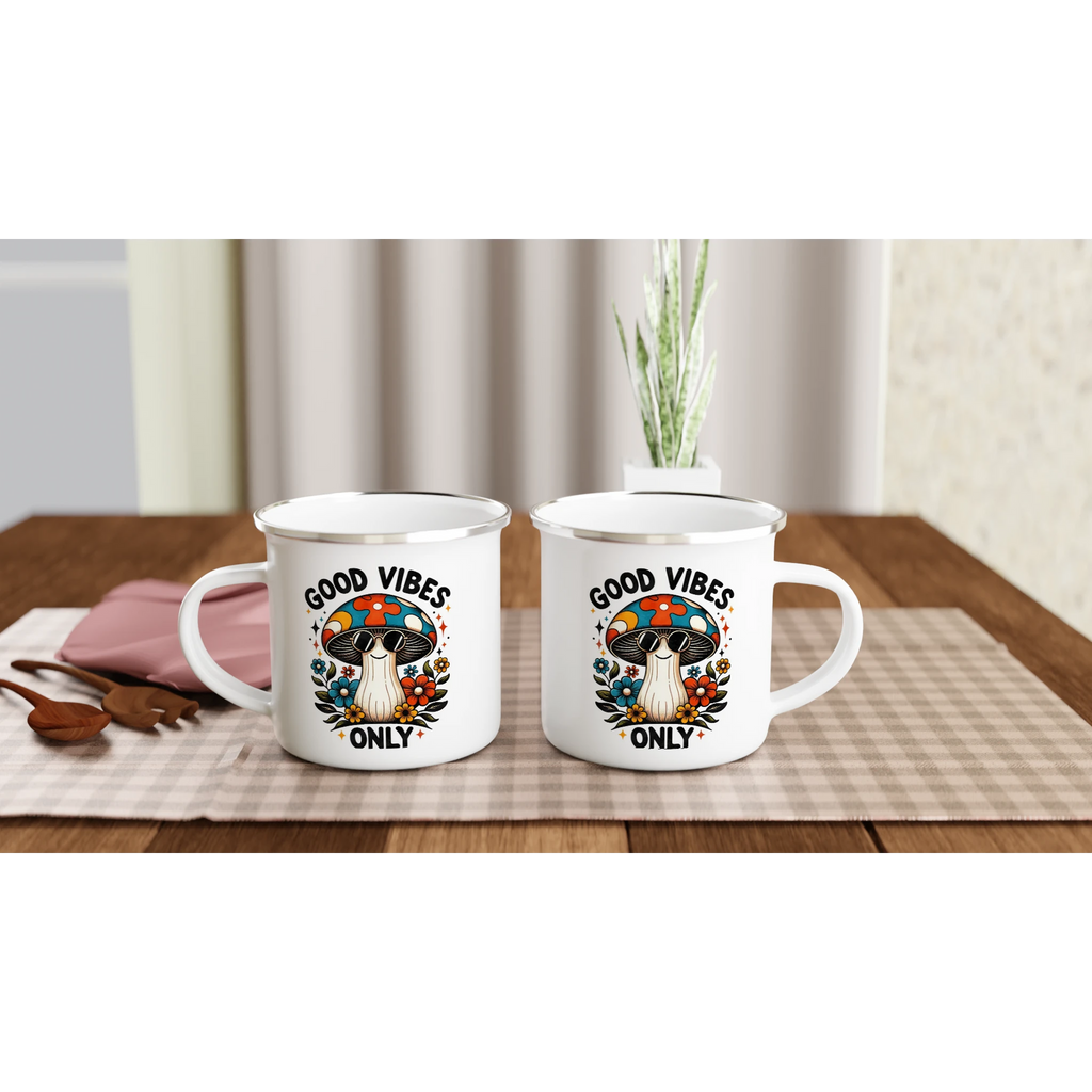 Personalised Good Vibes Only, Hippie Mushroom With Sunglasses White 12oz Enamel Mug Personalised Enamel Mug Globally Fulfilled Positivity