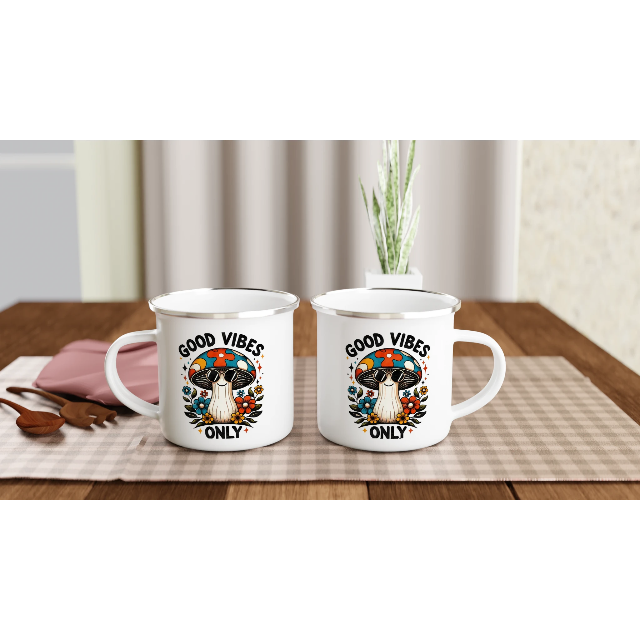 Personalised Good Vibes Only, Hippie Mushroom With Sunglasses White 12oz Enamel Mug Personalised Enamel Mug Globally Fulfilled Positivity