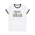 Coffee Beauty, All Shapes And Sizes AS Colour Women's Ringer Tee White Black Womens Ringer T-shirt Coffee Positivity Printed In Australia
