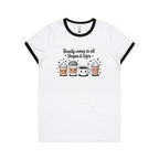 Coffee Beauty, All Shapes And Sizes AS Colour Women's Ringer Tee White Black Womens Ringer T-shirt Coffee Positivity Printed In Australia