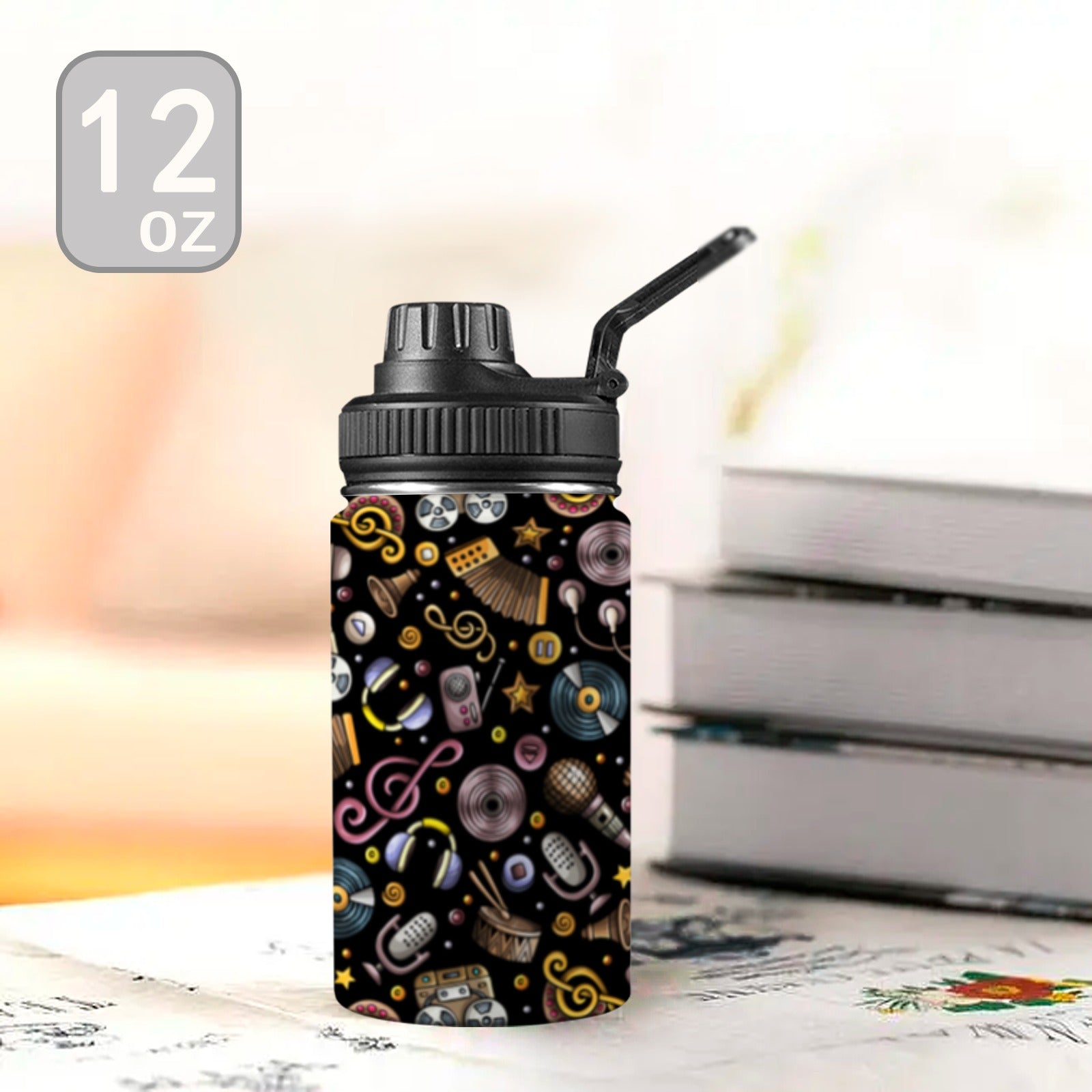 Retro Music Mix Kids Water Bottle with Chug Lid (12 oz) Kids Water Bottle with Chug Lid Music Printed Offshore