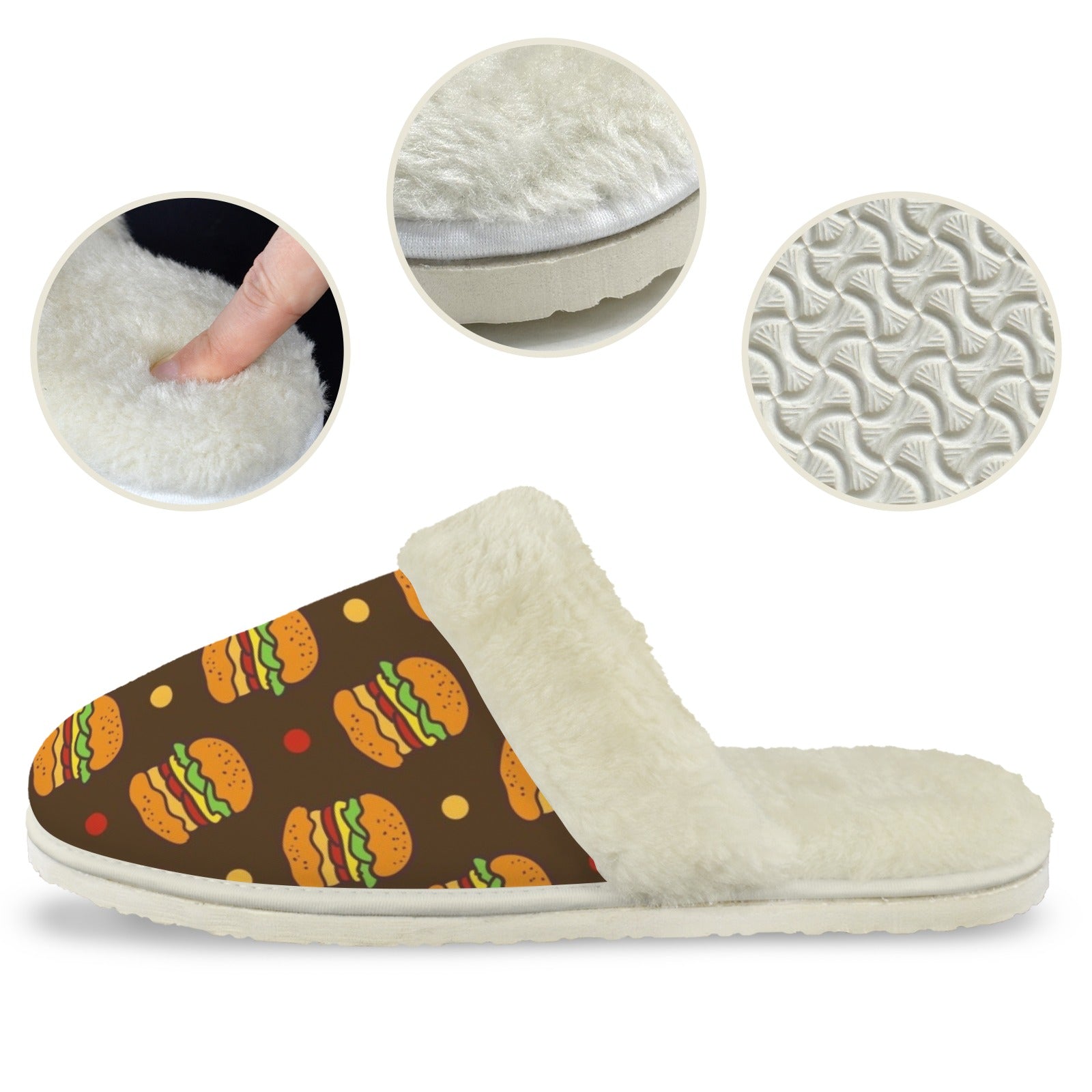 Burgers Men's Fur Trim Thick-Sole Indoor Slippers Men's Fur Trimmed Slippers Food Printed Offshore
