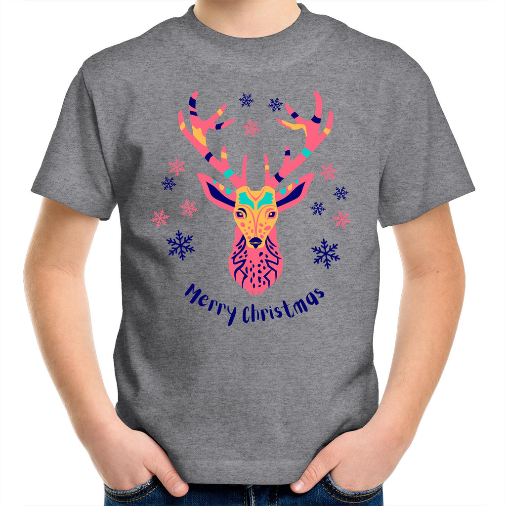 Christmas Deer - Kids Youth T-Shirt Grey Marle Kids Christmas T-shirt Christmas Printed In Australia
