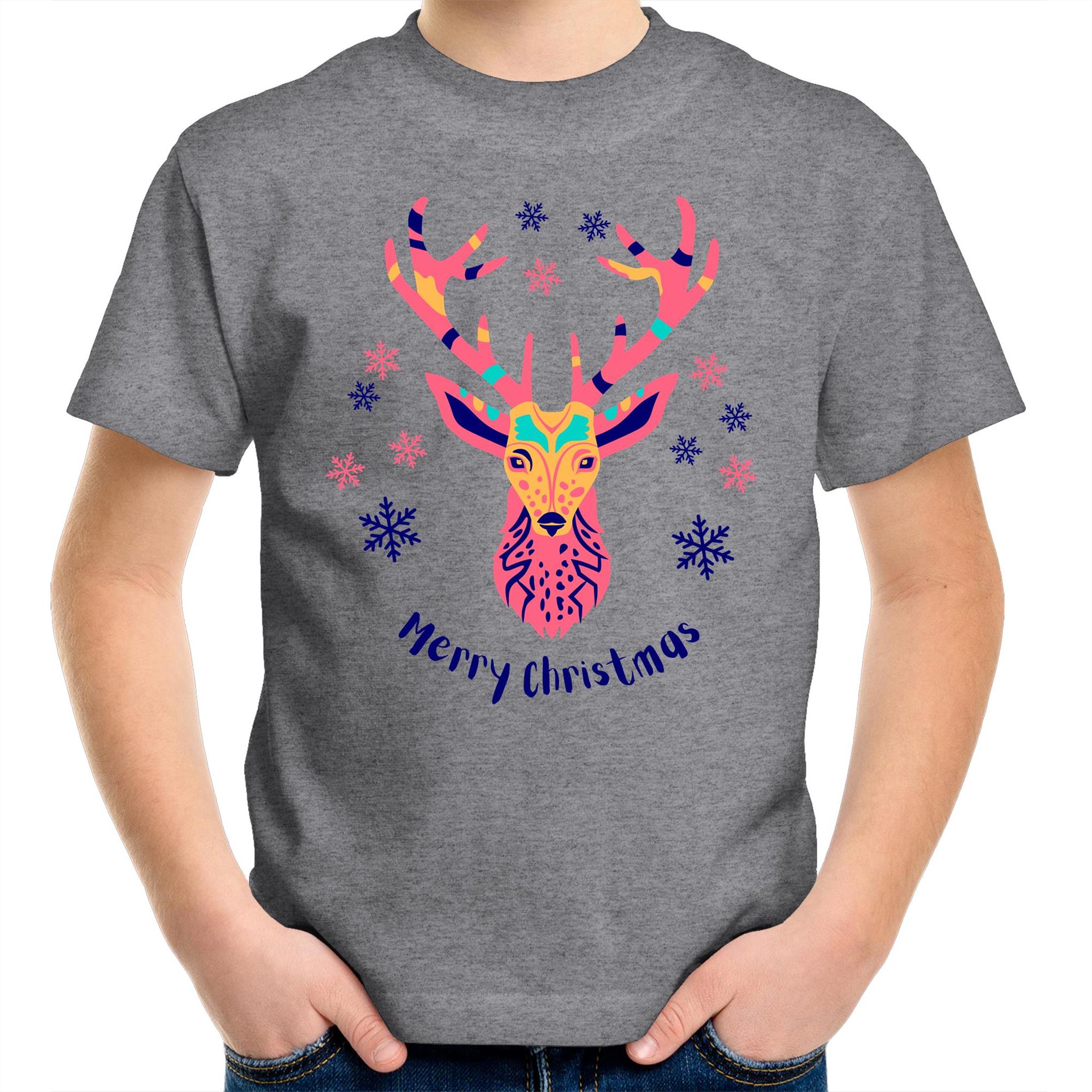 Christmas Deer - Kids Youth T-Shirt Grey Marle Kids Christmas T-shirt Christmas Printed In Australia