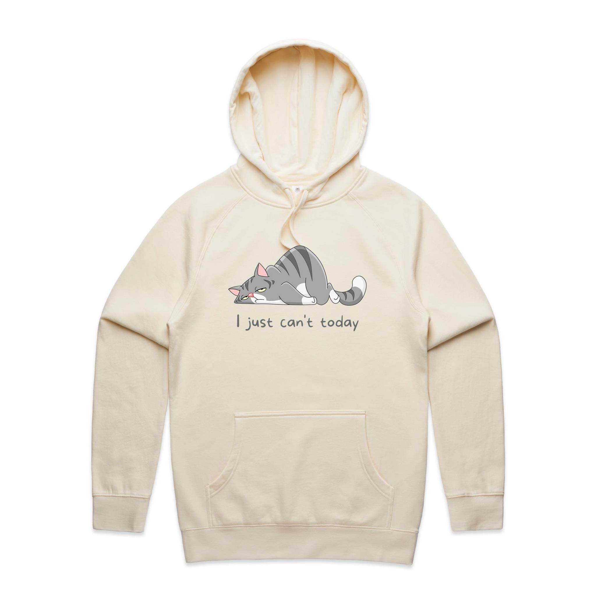 Cat, I Just Can't Today - Mens Hoodie Ecru Mens Hoodie animal Printed In Australia